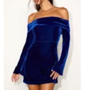 Lulu's Royal Blue Velvet Off-Shoulder Dress